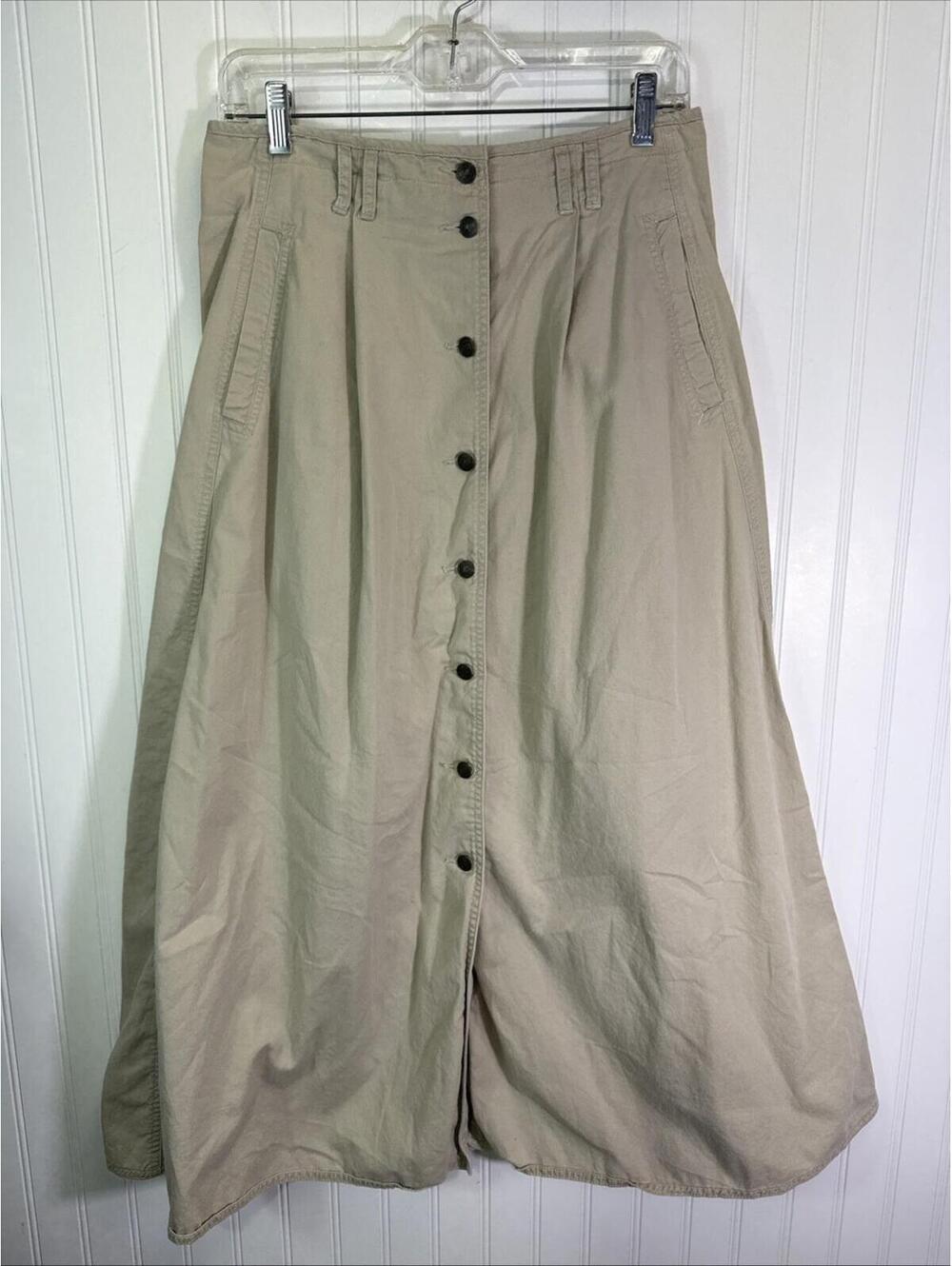 Vintage Liz Wear M Khaki Pleated Flare Skirt Buttons Pockets Elastic Maxi 12
